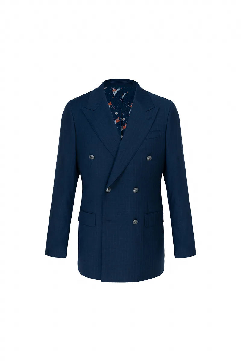Navy Herringbone Double-Breasted Suit. (DLL0091)