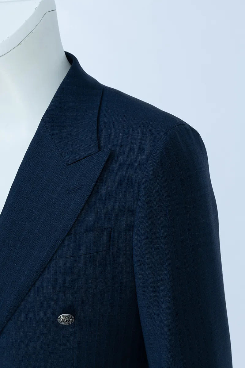 Navy Herringbone Double-Breasted Suit