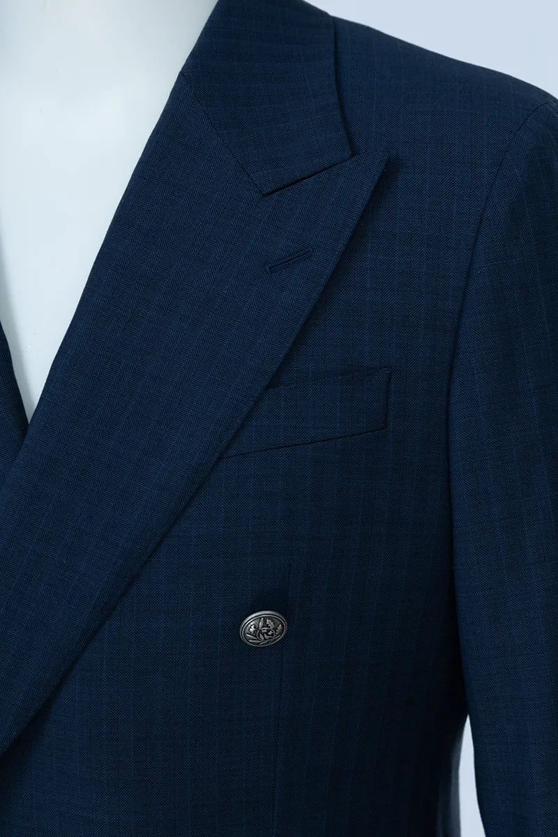 Navy Herringbone Double-Breasted Suit