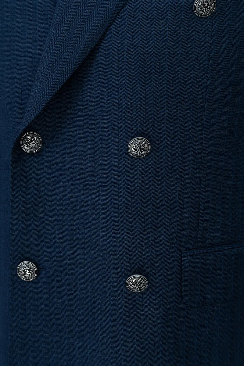 Navy Herringbone Double-Breasted Suit. (DLL0091)