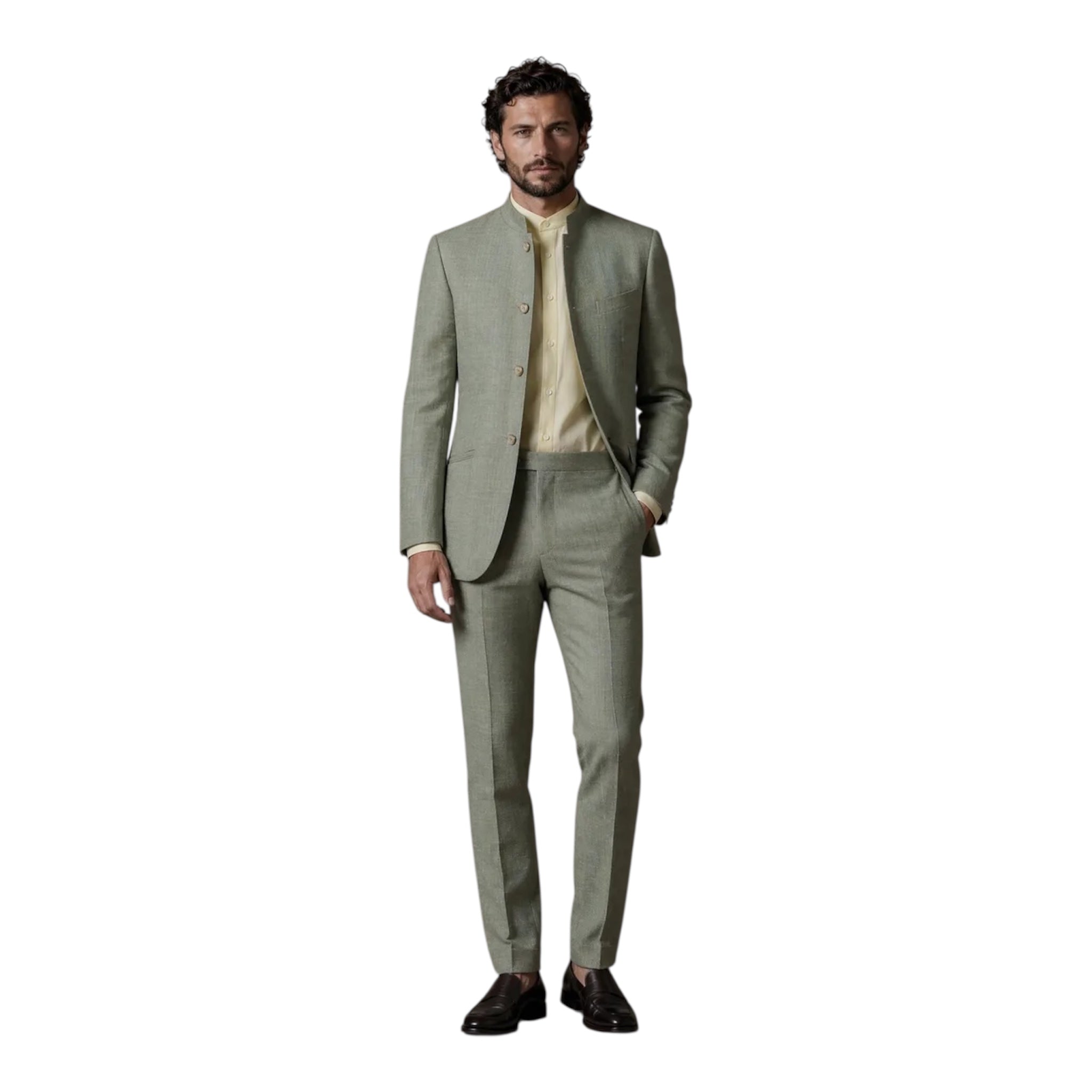 Sage Green Standing Collar Wool Suit
