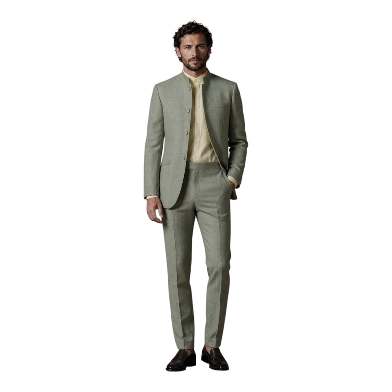 Sage Green Standing Collar Wool Suit