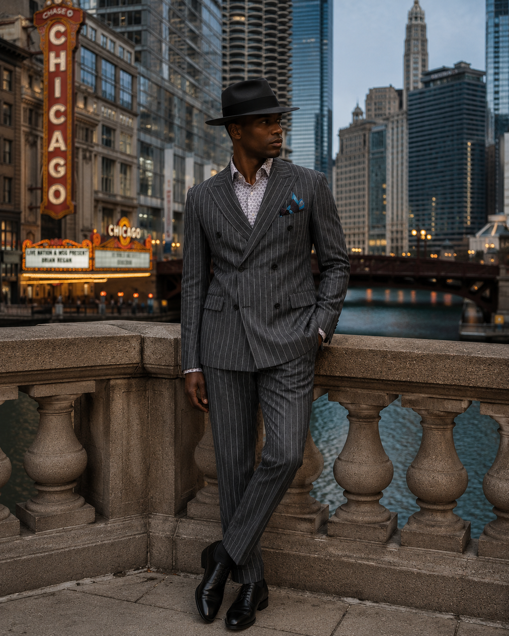 Gray Pinstripe Double-Breasted Suit. （DJJ0075）