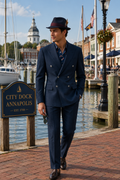 Navy Herringbone Double-Breasted Suit. (DLL0091)