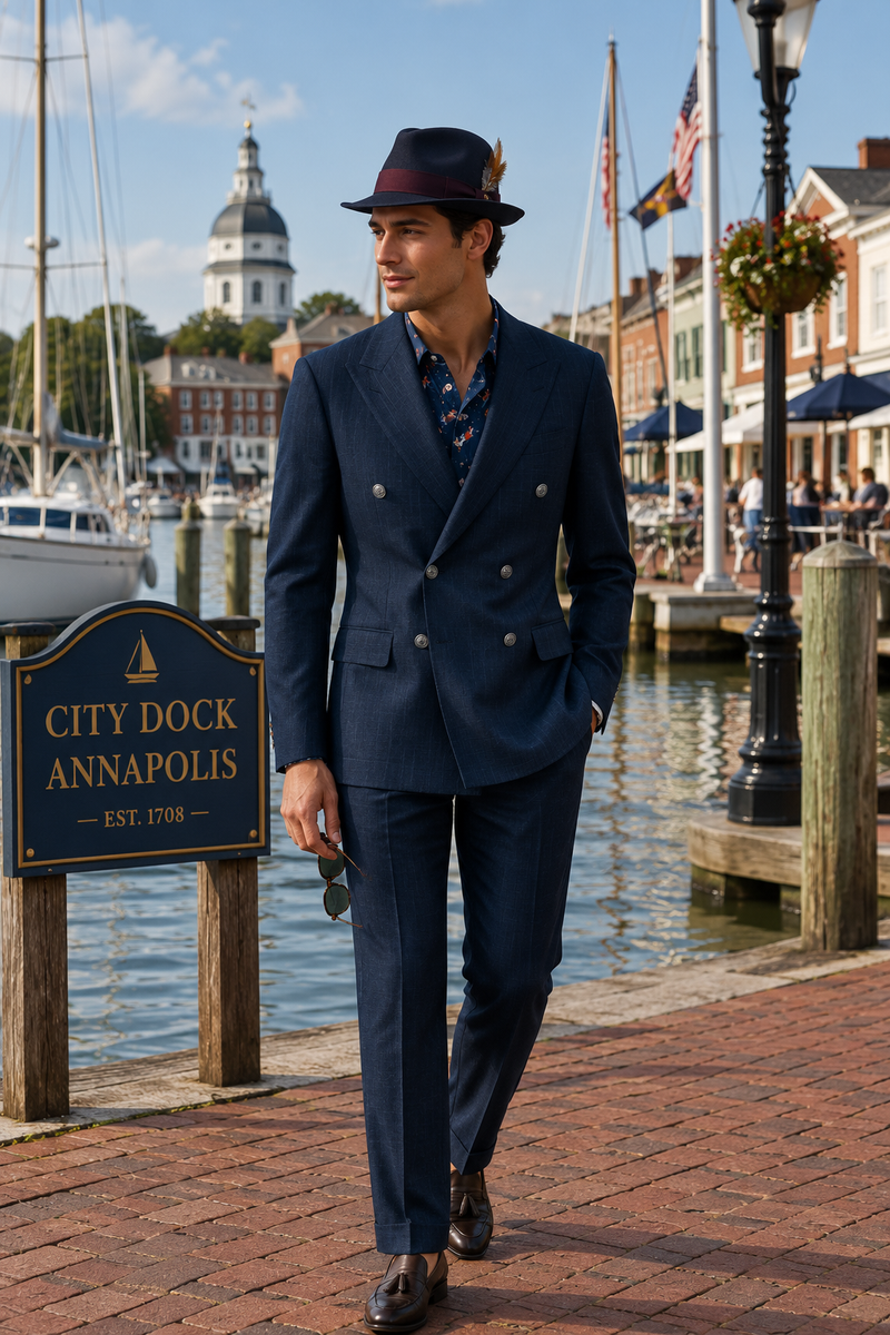 Navy Herringbone Double-Breasted Suit. (DLL0091)