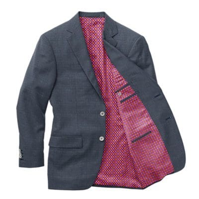 A suit jacket with the lining open.