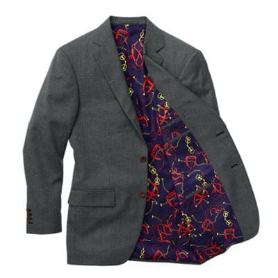 A suit jacket with a floral print inside of it.