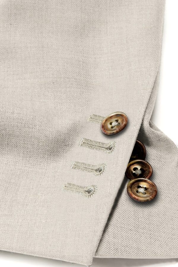 A close up of buttons on the sleeve of a suit jacket.