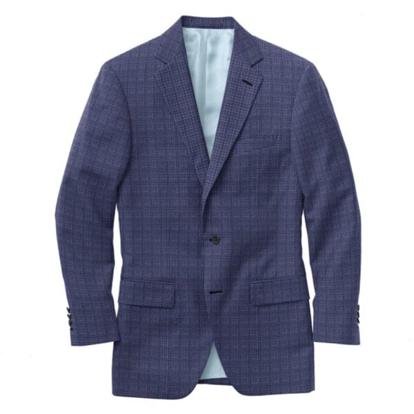 A blue jacket with two buttons and one button on the chest.