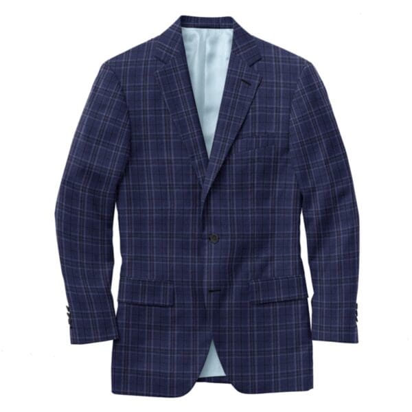 A blue jacket with a white and black checkered pattern.