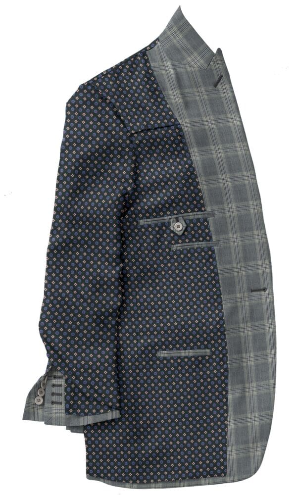 A suit jacket and pants with a plaid pattern.