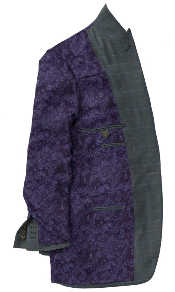 A purple jacket with green trim and pockets.