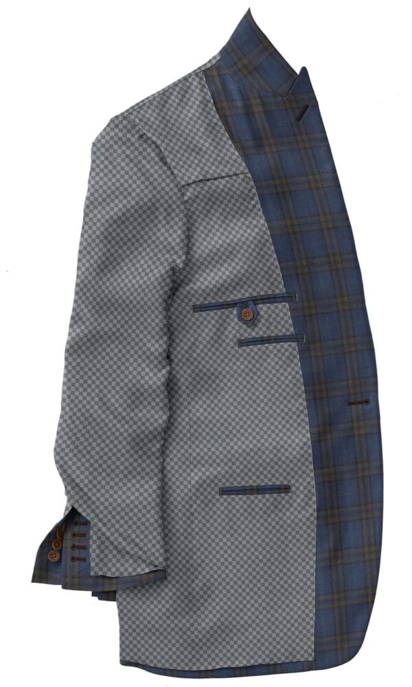 A suit jacket with a blue and black plaid lining.