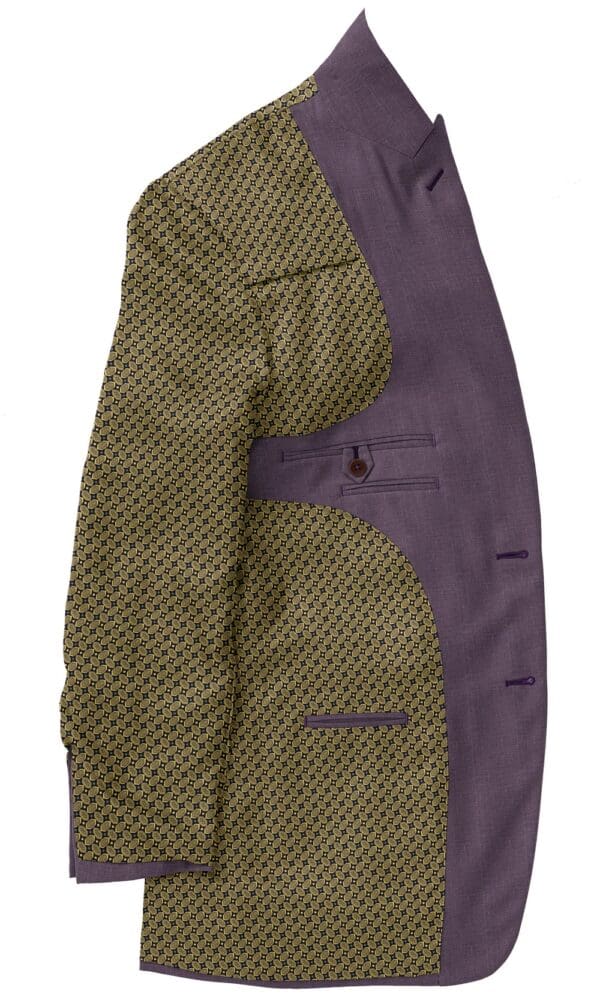 A suit jacket with purple lining and an olive green pattern.