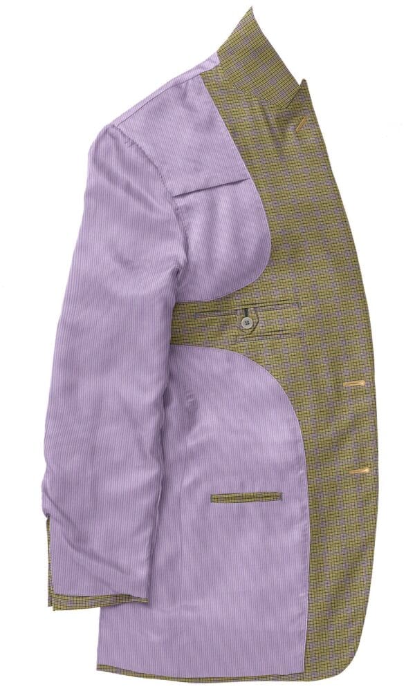 A purple suit jacket and tie with a yellow checkered pattern.