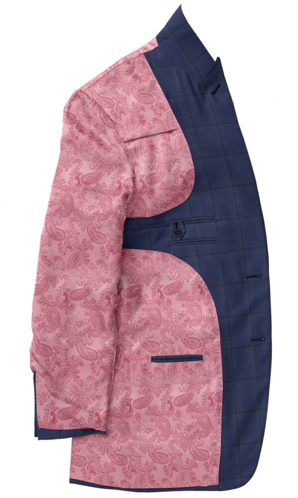 A pink jacket with blue trim and pockets.