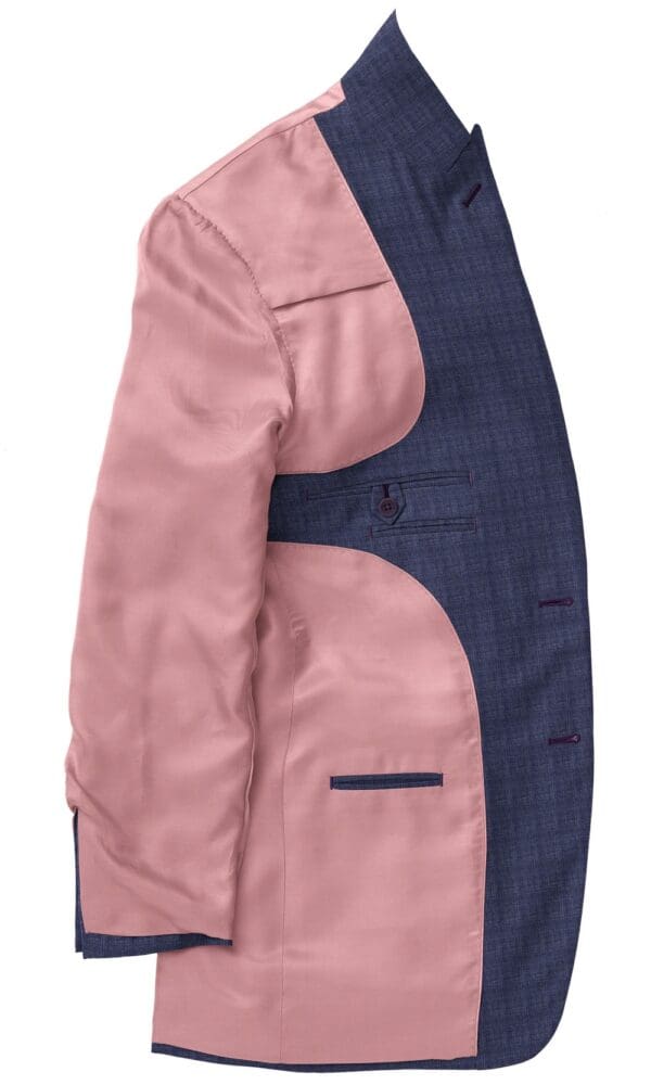 A pink and blue suit jacket with a pocket square.