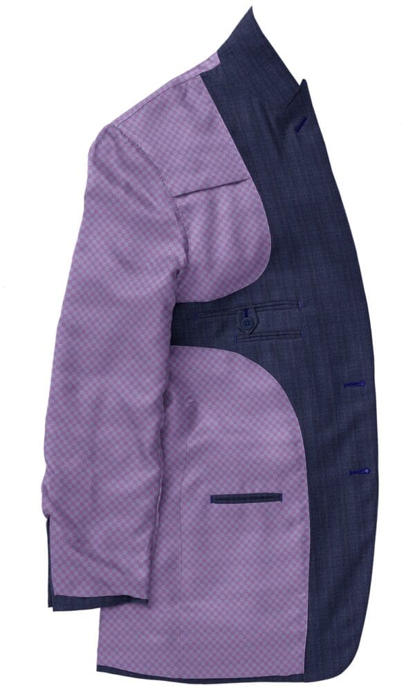 A purple jacket with a black and blue design.