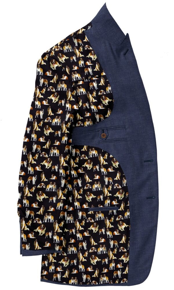 A suit jacket with a pattern of dogs on it.