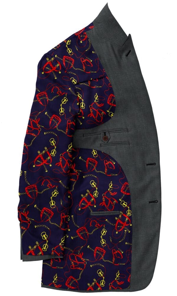 A jacket with red and yellow flowers on it.