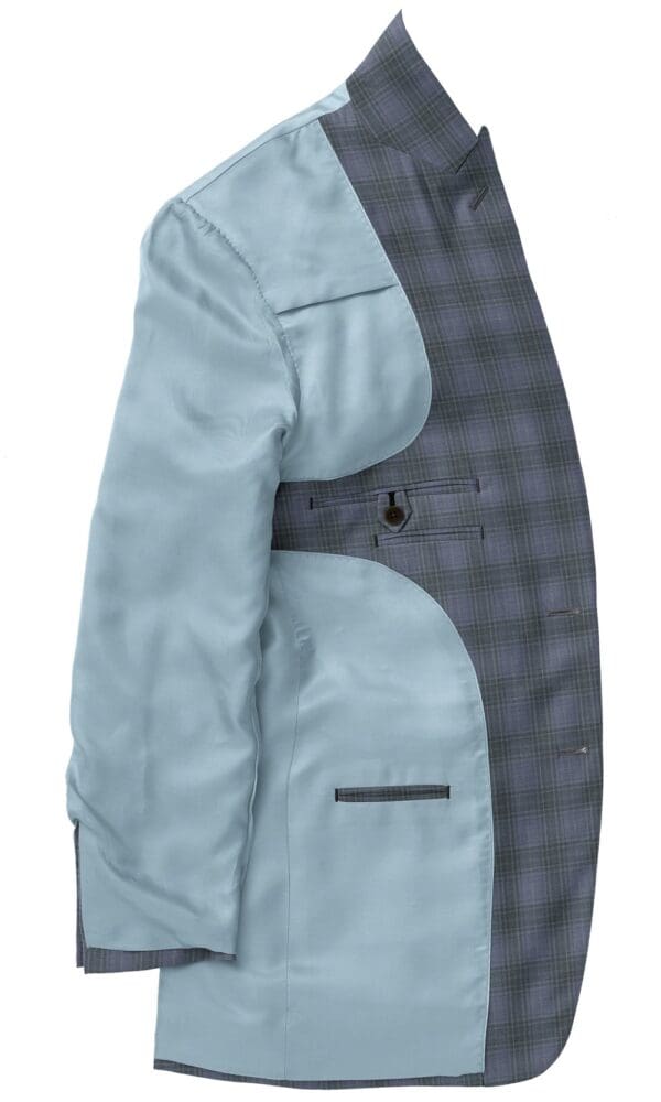 A blue jacket with a black and white checkered pattern.