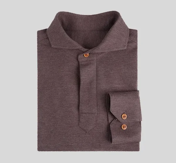 A brown shirt with a button up collar.