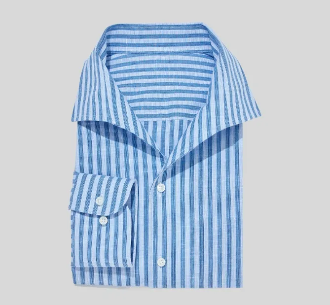 A blue and white striped shirt is shown.