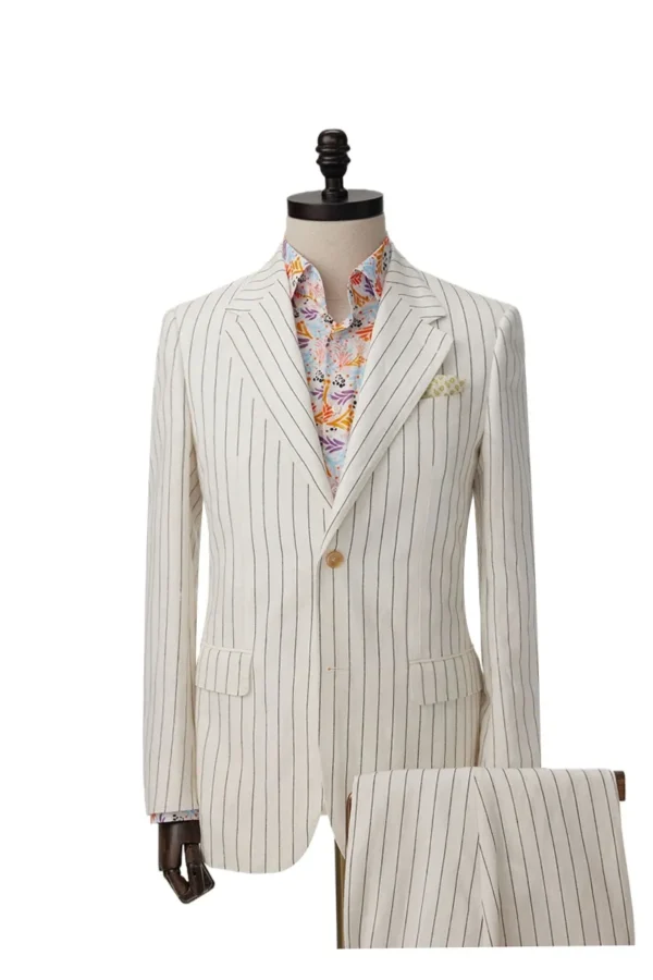 A suit that is white with black stripes.