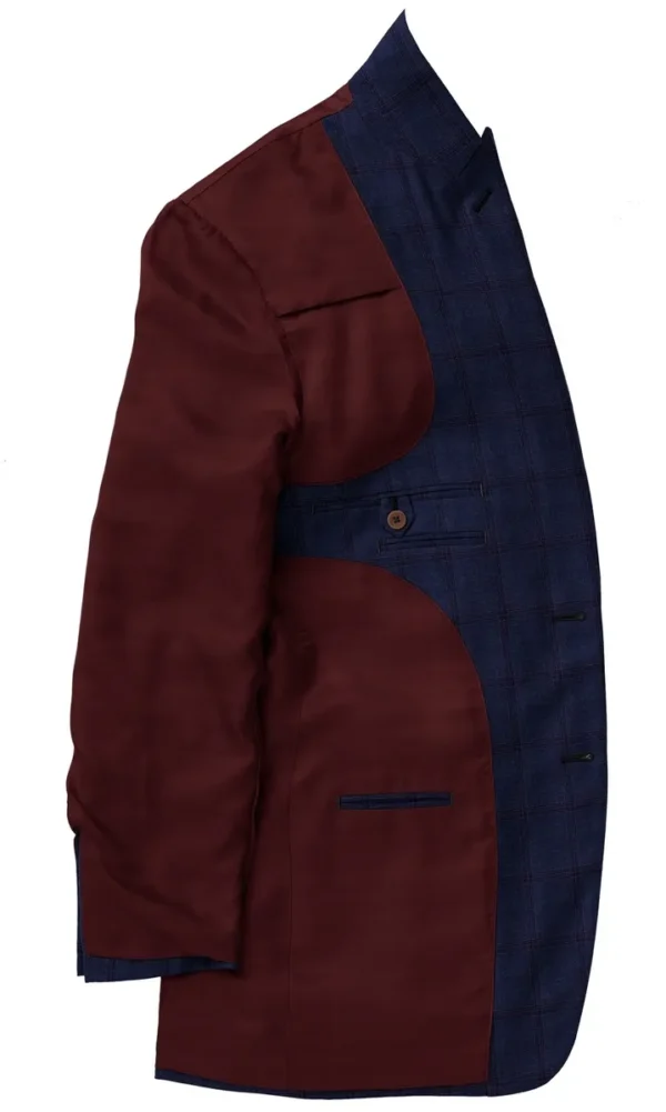 A maroon and blue jacket is shown on the side.