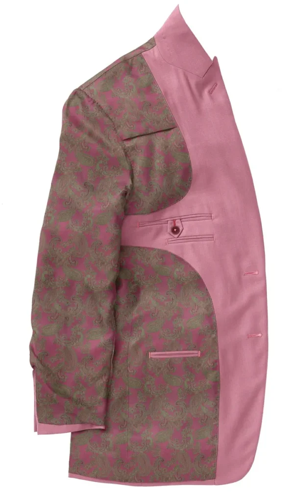 A pink jacket with a brown and red pattern on it.