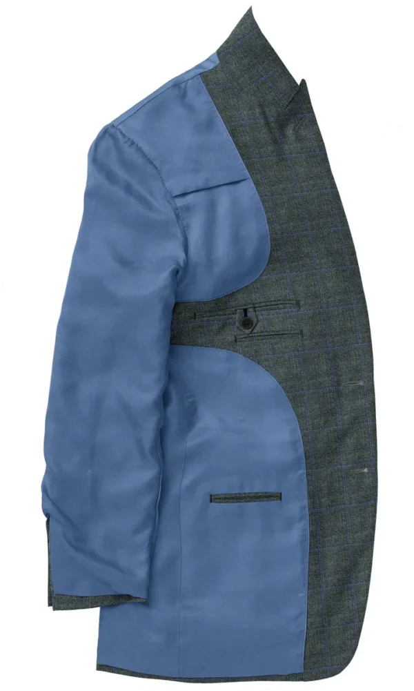 A blue jacket with a black and white pattern on it.