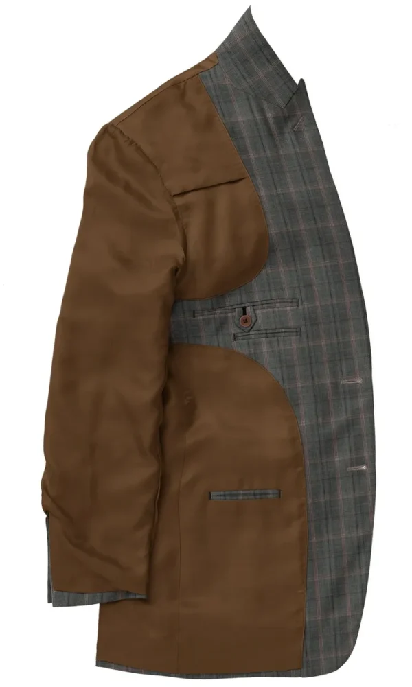 A brown jacket with a gray plaid lining.