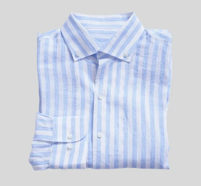 A blue and white striped shirt is shown.