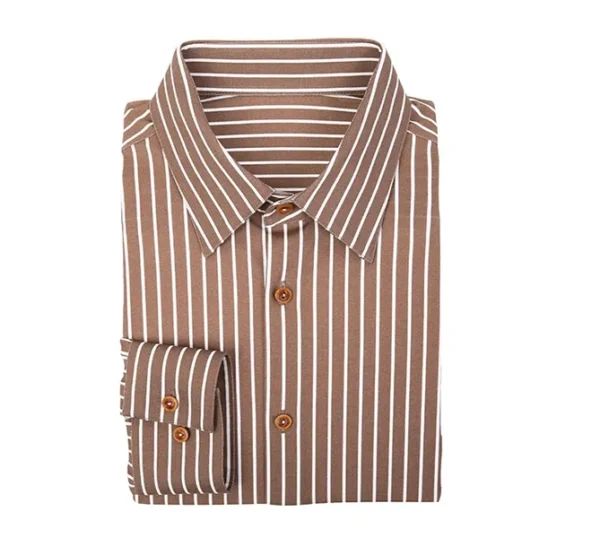 A brown striped shirt is shown with no collar.