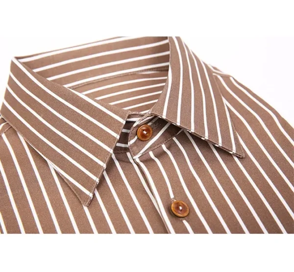 A brown striped shirt with two buttons on the front.