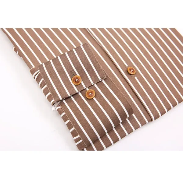 A brown striped shirt with two buttons on the front.