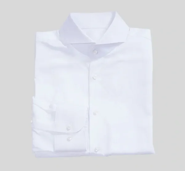 A white shirt is shown with no collar.