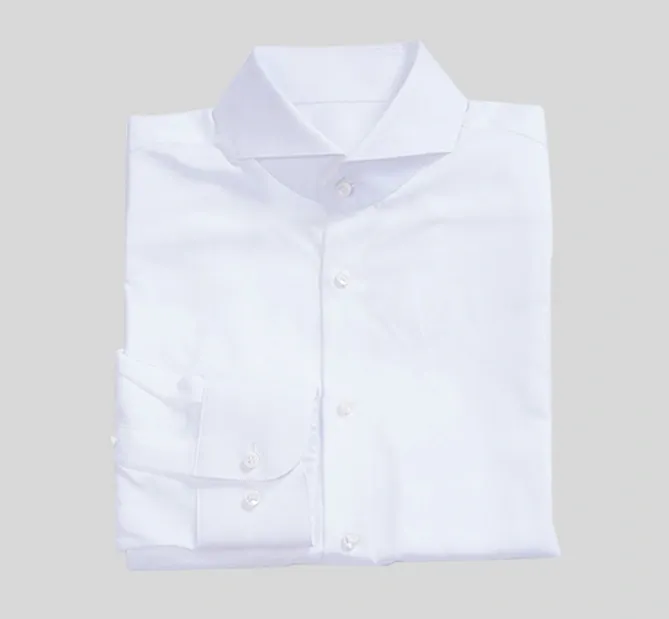 A white shirt is shown with no collar.