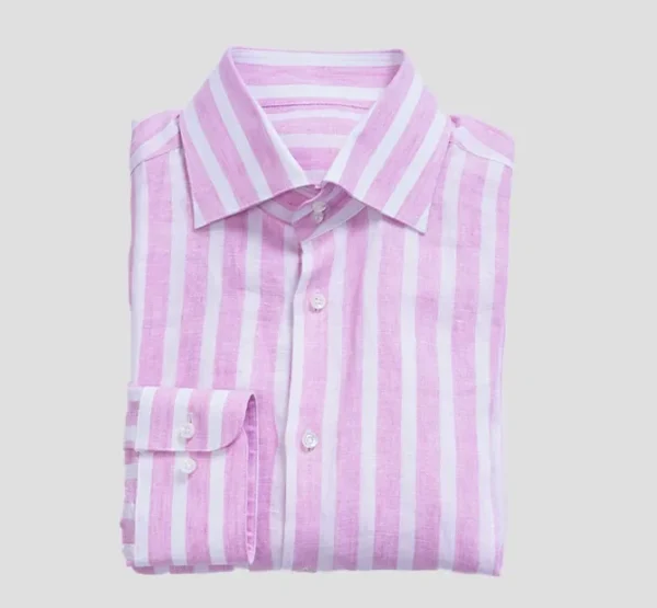 A pink and white striped shirt is shown.