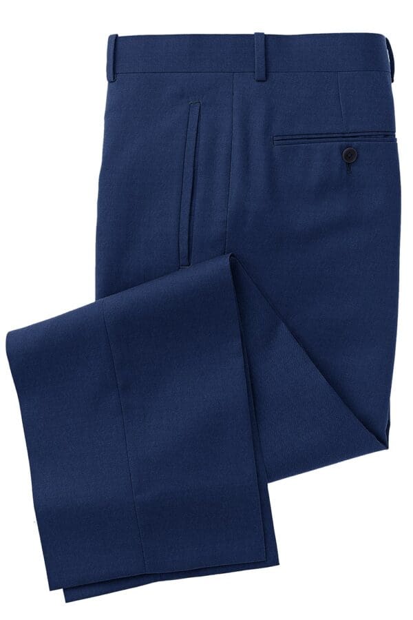 A pair of blue pants with a pocket on the front.