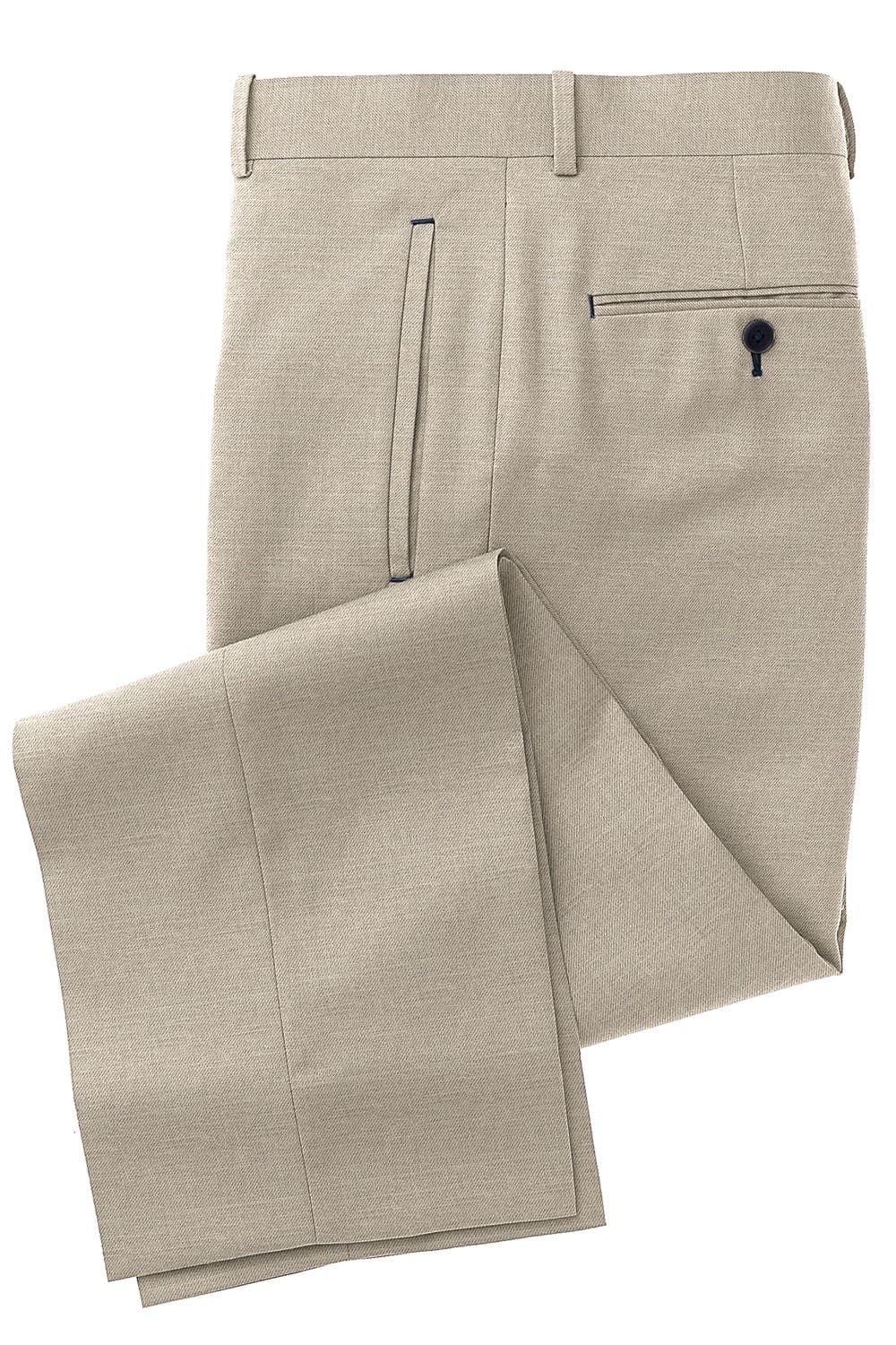 A pair of beige pants with a black button.