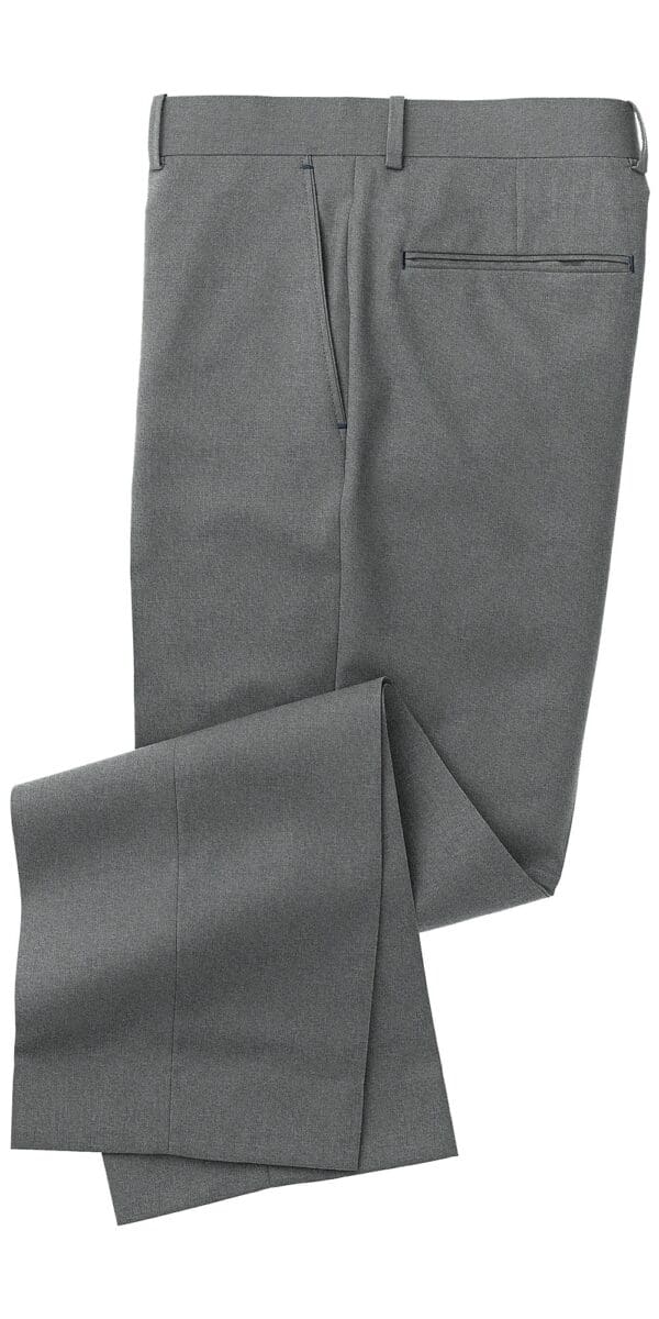 A pair of grey pants with a tie.